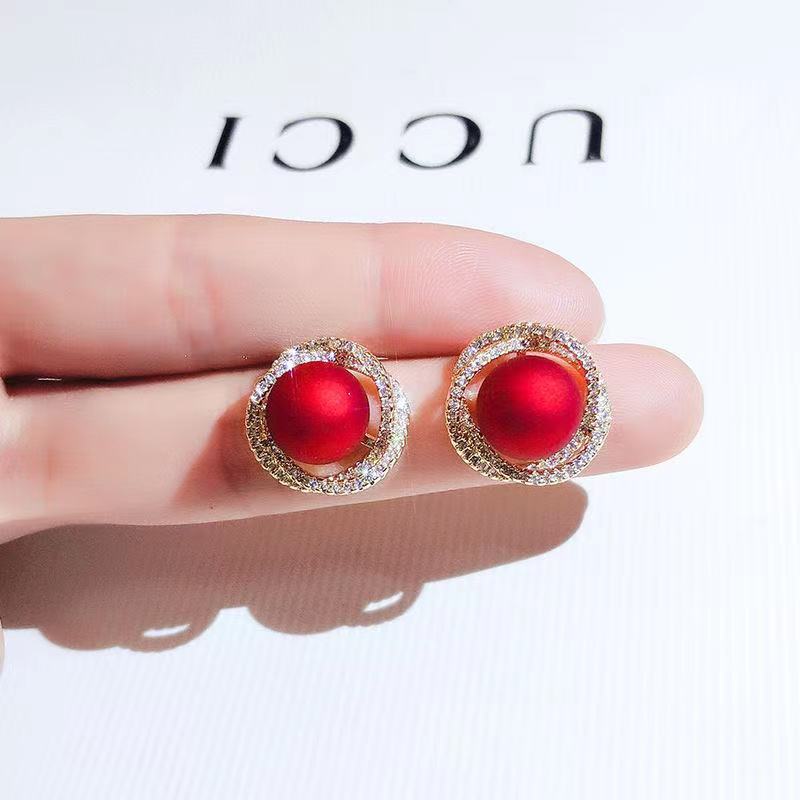 Red White Earrings From Pearl, Internet Celebrity, Korean Style, Simple And Elegant Design